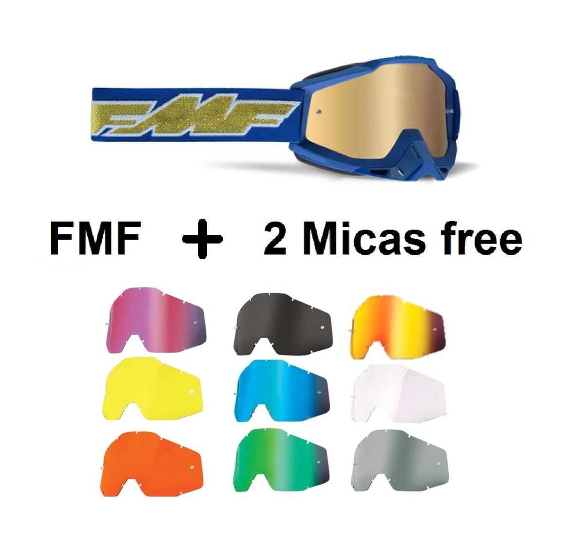 FMF POWERBOMB Goggle Rocket Navy Gold Mirror True Gold + 2 Micas Surtida Free