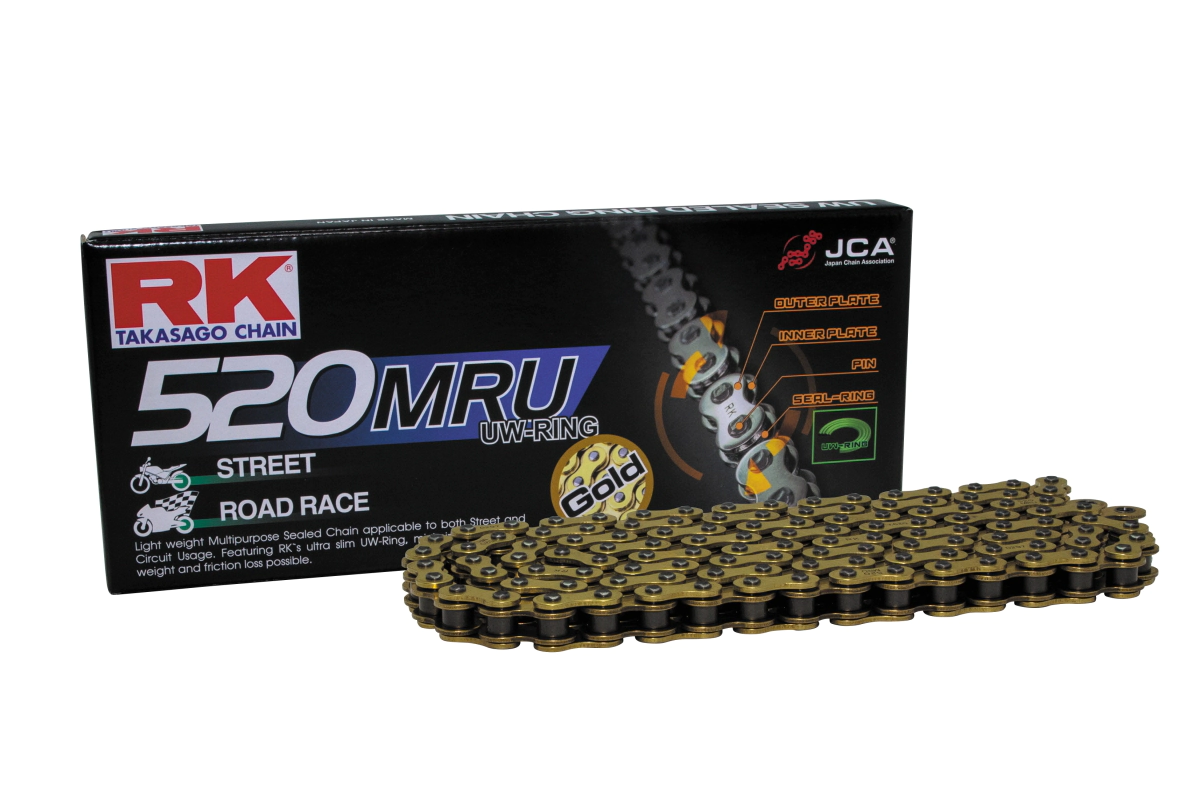 CADENA RK 520MRUx122 ULTRA LIVIANA RACING UW RING DORADA REMACHE