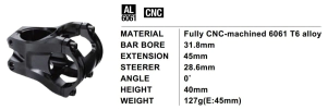 STEM BICICLETA PRO TEAM - 31,8 - 45MM - CNC ALUMINIO BLACK