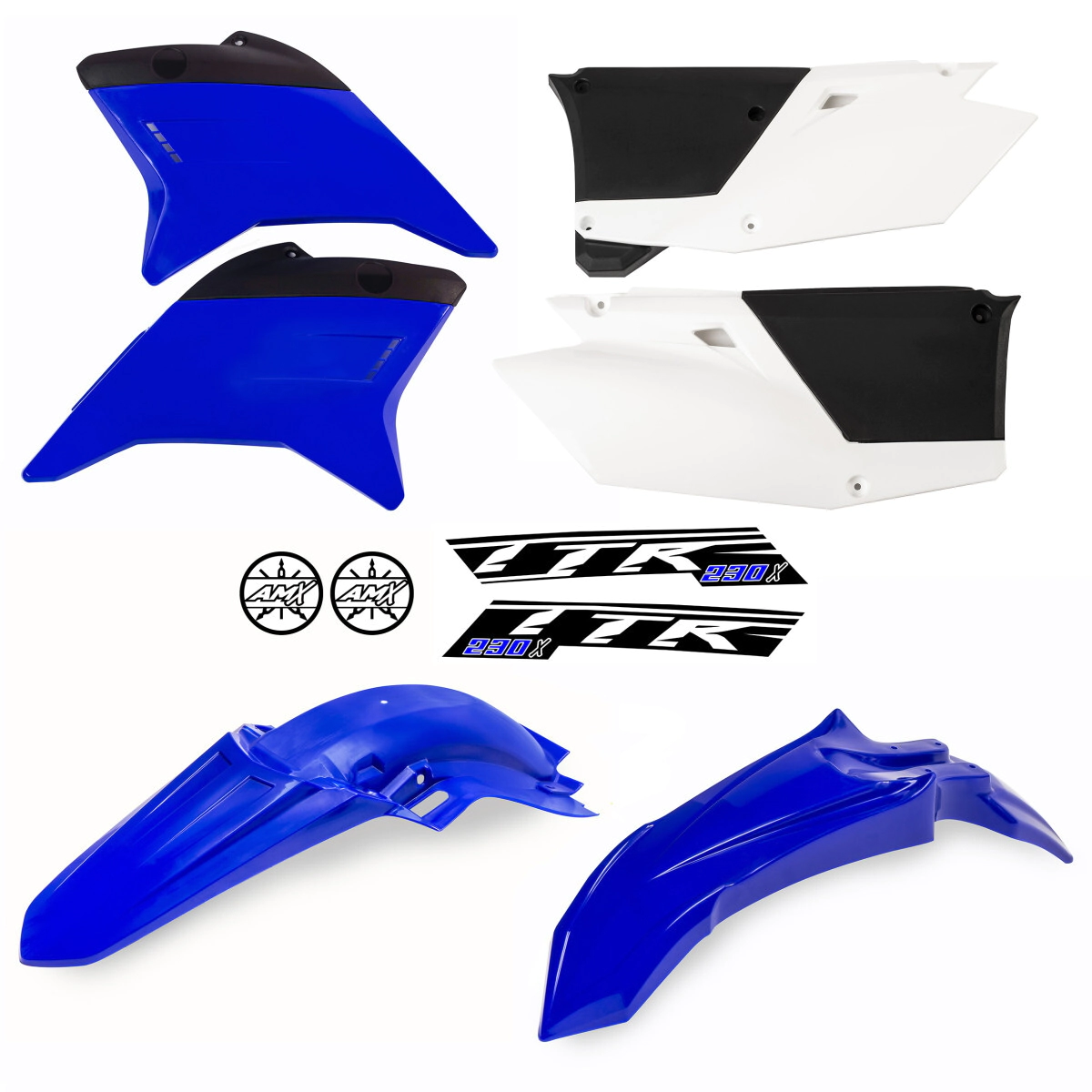 KIT PLASTICOS TTR 230 AZUL/BLANCO CON PORTANUMERO AMX