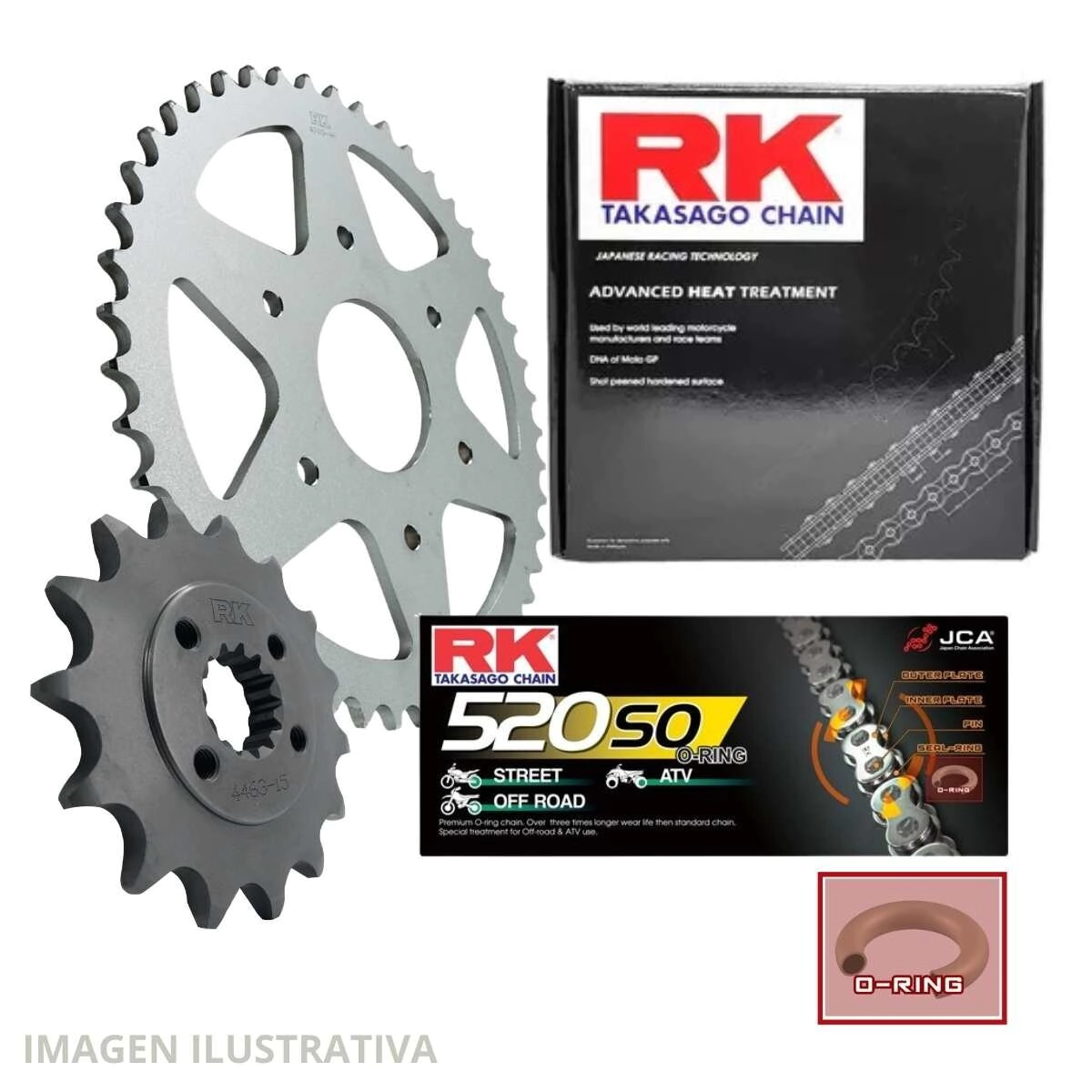 KIT TRANSMISION RK KTM 390 15/23 - DOMINAR 400 - HUSQ 401 17/21 - 15/45/520SOx120 REMACHE