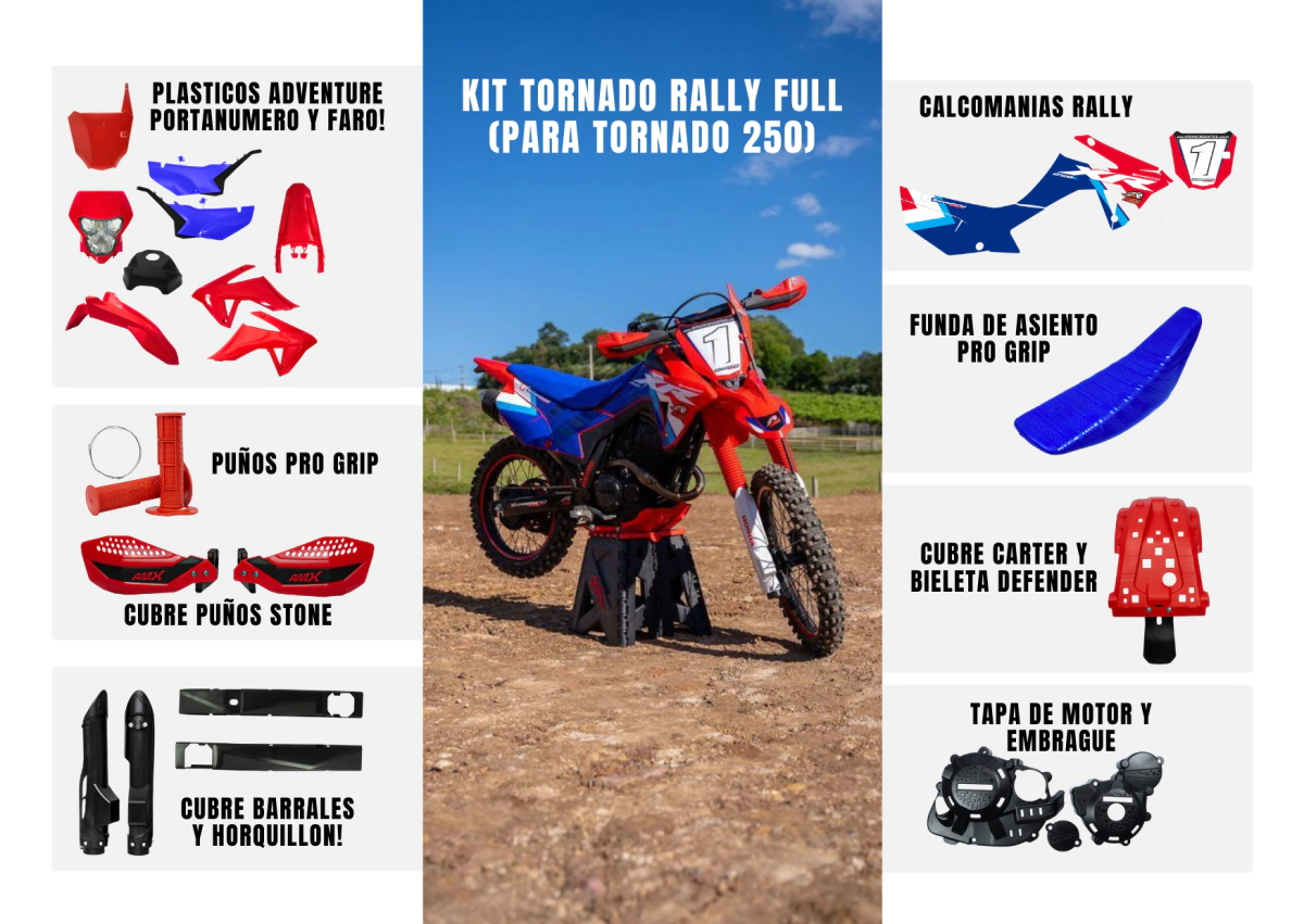 KIT PLASTICOS RALLY P/TORNADO 250 (SIMIL XR 300) C/ FARO, PORTANUMERO, PROTECCIONES Y CALCOMANIAS AM