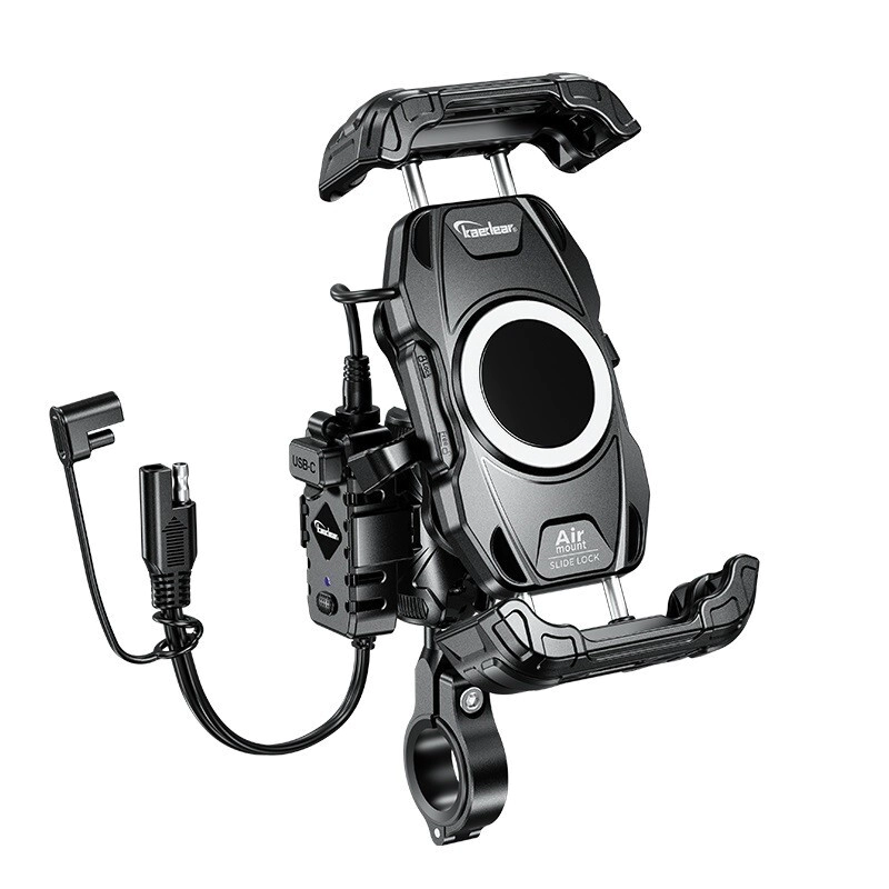 SOPORTE CELULAR FAST CHARGE ANTIVIBRACION CARGA INALAMBRICA + USB-C ANTIRROBO KEWIG